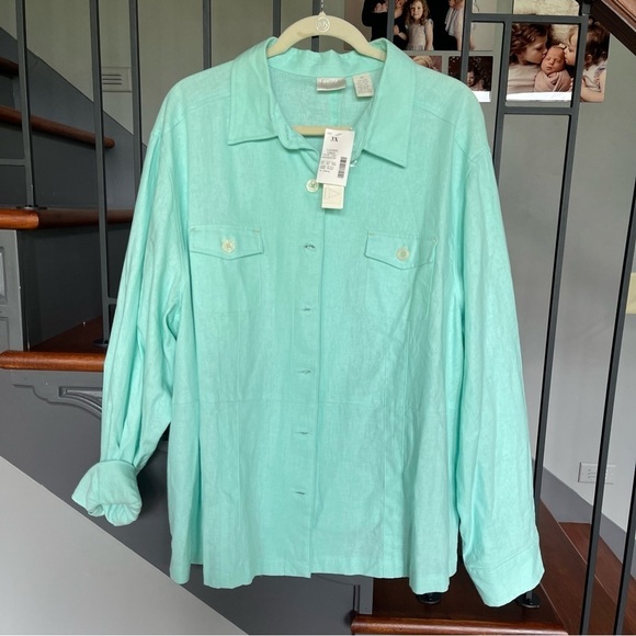 Erika Women’s Jacket lagoon Linen Blend Button Up Aqua Lightweight NWT - Picture 3 of 9